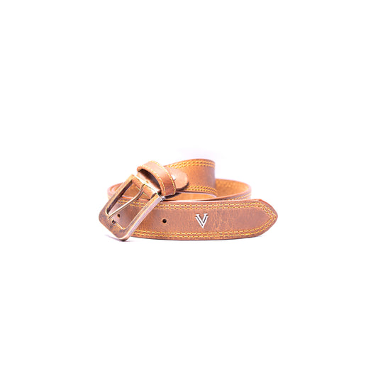 Handmade Leather Tan Belt with Bronze Buckle For Men