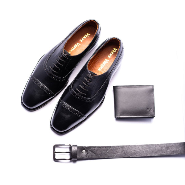 Special: Pack Of 3 Black Cap Toe Shoes with Matching Belt and Wallet