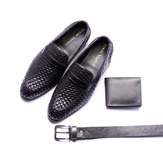 Special: Pack Of 3 Black Woven Shoes with Matching Belt and Wallet