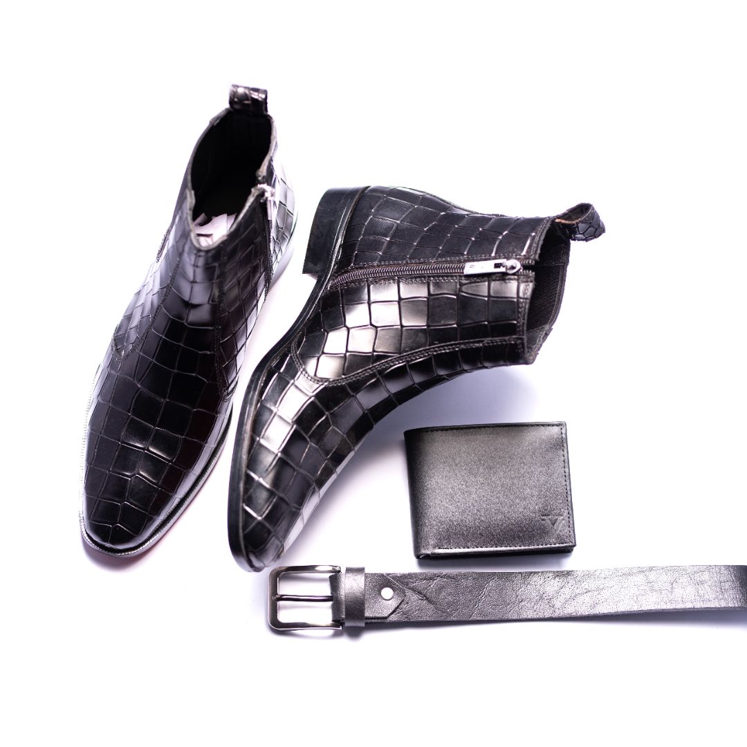 Special: Pack Of 3 Black Croc Text Chelsea Zipper Boots with Matching Belt and Wallet