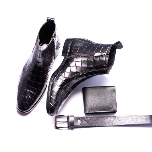 Special: Pack Of 3 Black Croc Text Chelsea Zipper Boots with Matching Belt and Wallet