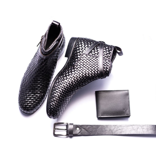 Special: Pack Of 3 Black Woven Boots with Matching Belt and Wallet