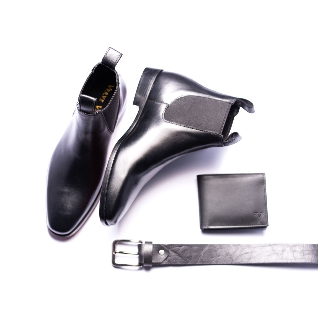 Special: Pack Of 3 Black Chelsea Boots with Matching Belt and Wallet