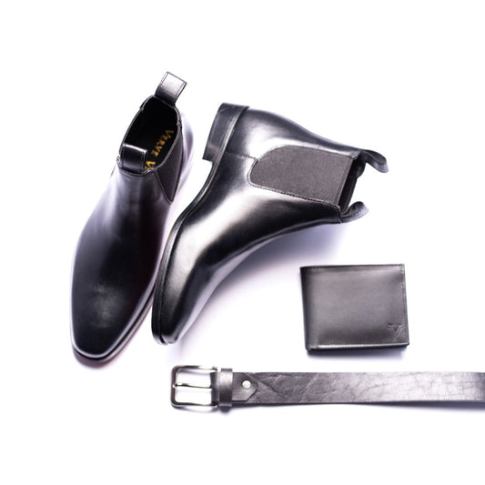 Special: Pack Of 3 Black Chelsea Boots with Matching Belt and Wallet