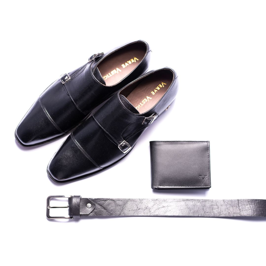 Special: Pack Of 3 Brown Double Monk Shoes with Matching Belt and Wallet
