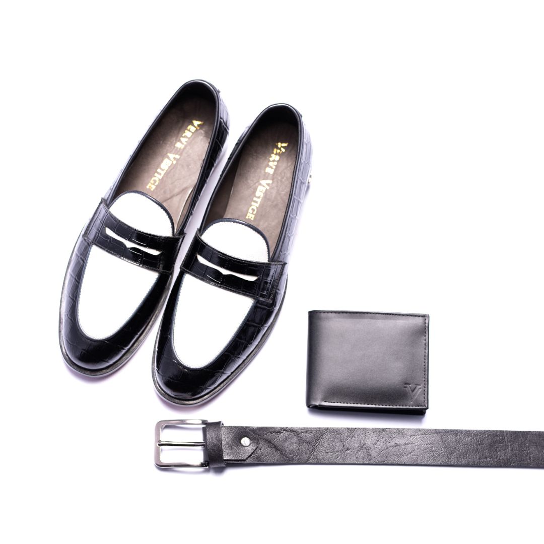 Special: Pack Of 3 Black & White Croc Text Shoes with Matching Belt and Wallet