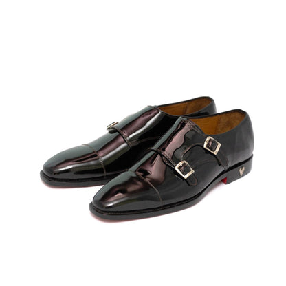 Handmade Black Patent Genuine Leather Double Monk Shoes For Men