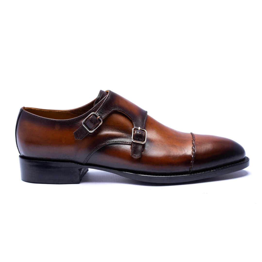 Handmade Brown Genuine Leather Double Monk Shoes For Men