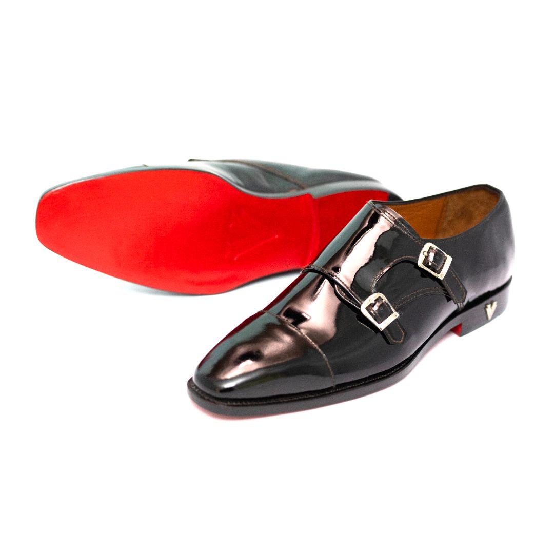 Handmade Black Patent Genuine Leather Double Monk Shoes For Men