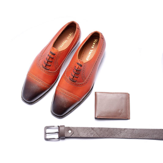 Special: Pack Of 3 Brown Two Tone Cap Toe Shoes with Matching Belt and Wallet
