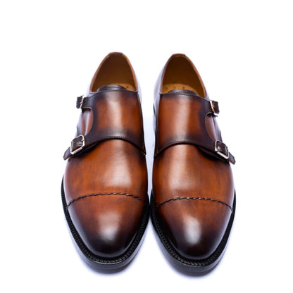 Handmade Brown Genuine Leather Double Monk Shoes For Men