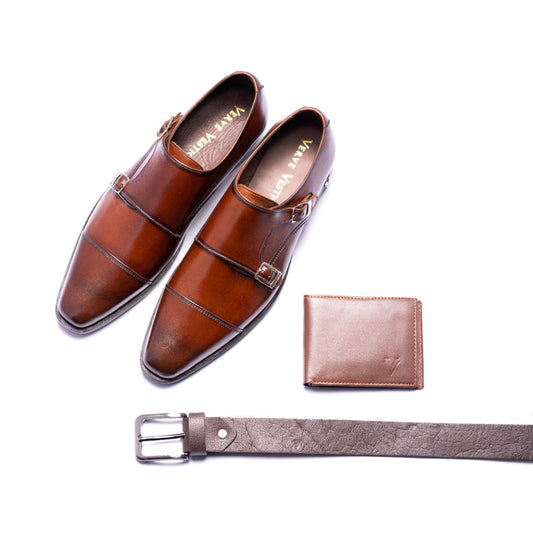 Special: Pack Of 3 Brown Double Monk Cap Toe Shoes with Matching Belt and Wallet