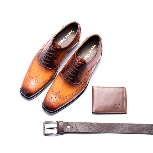 Special: Pack Of 3 Brown Wingtip Lace Up Shoes with Matching Belt and Wallet