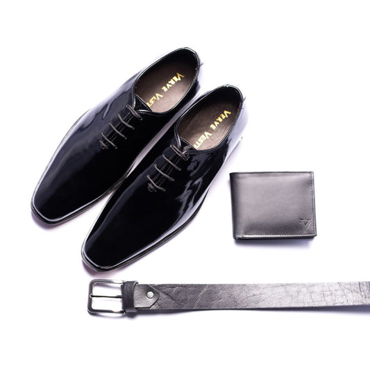 Special: Pack Of 3 Black Patent Leather Oxford Shoes with Matching Belt and Wallet