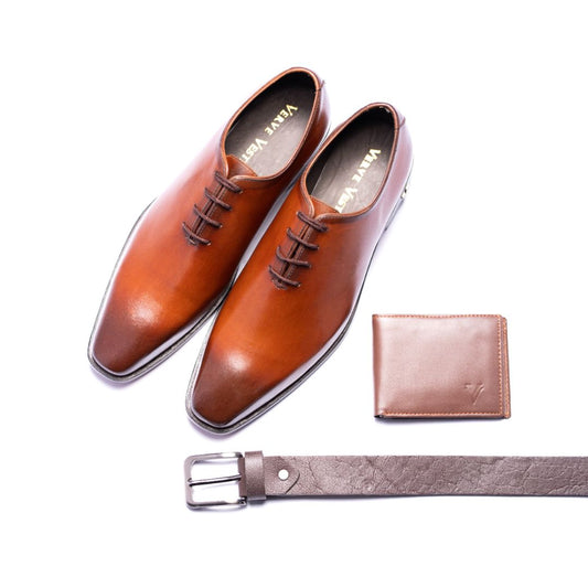 Special: Pack Of 3 Brown Oxford Lace Up Shoes with Matching Belt and Wallet