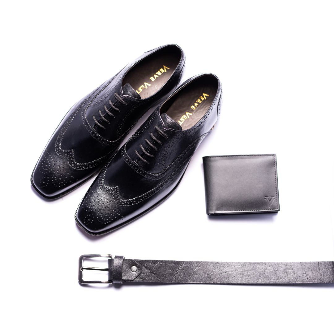 Special: Pack Of 3 Black Wingtip Lace Up Shoes with Matching Belt and Wallet