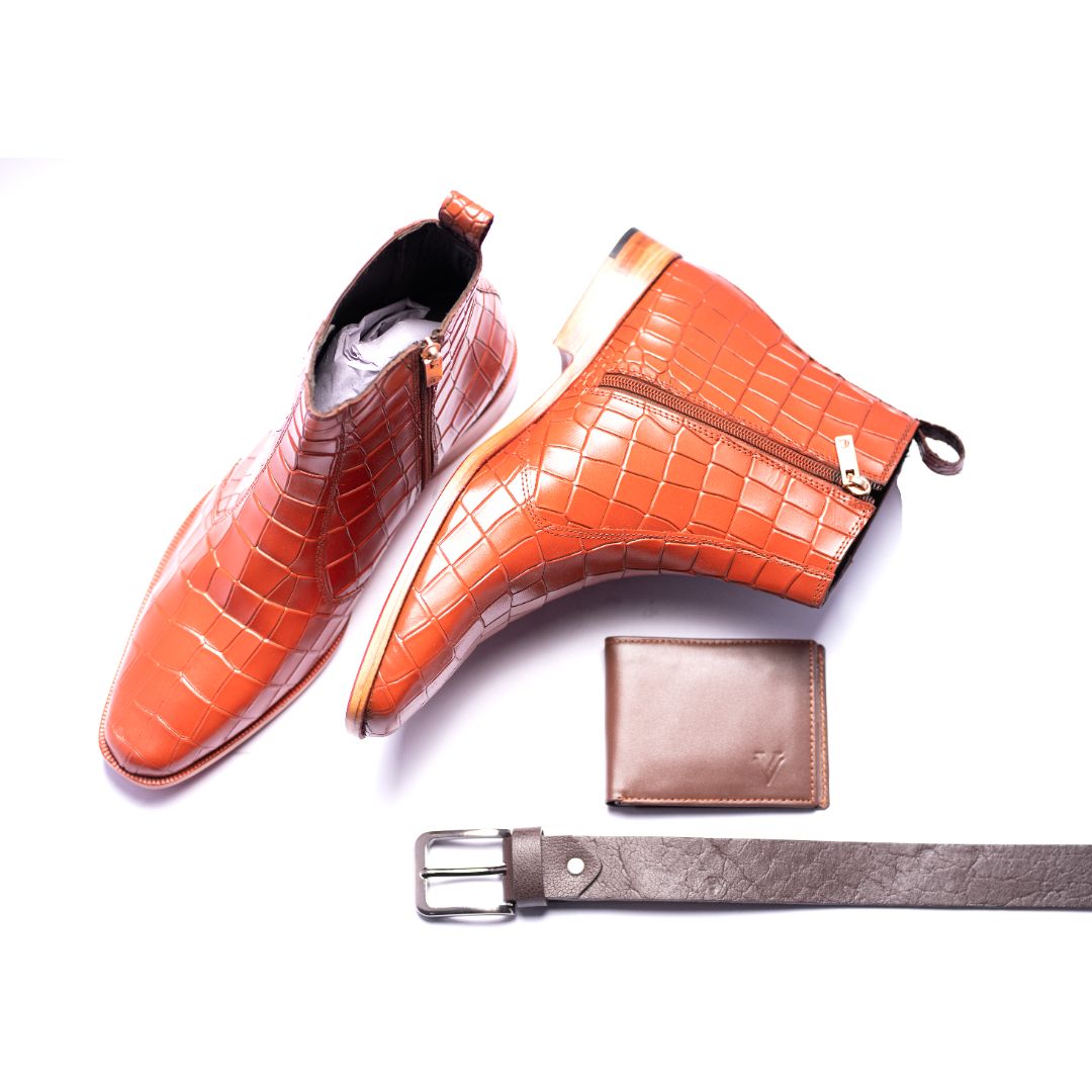 Special: Pack Of 3 Tan/Brown Chelsea Croc Text Zipper Boots with Matching Belt and Wallet