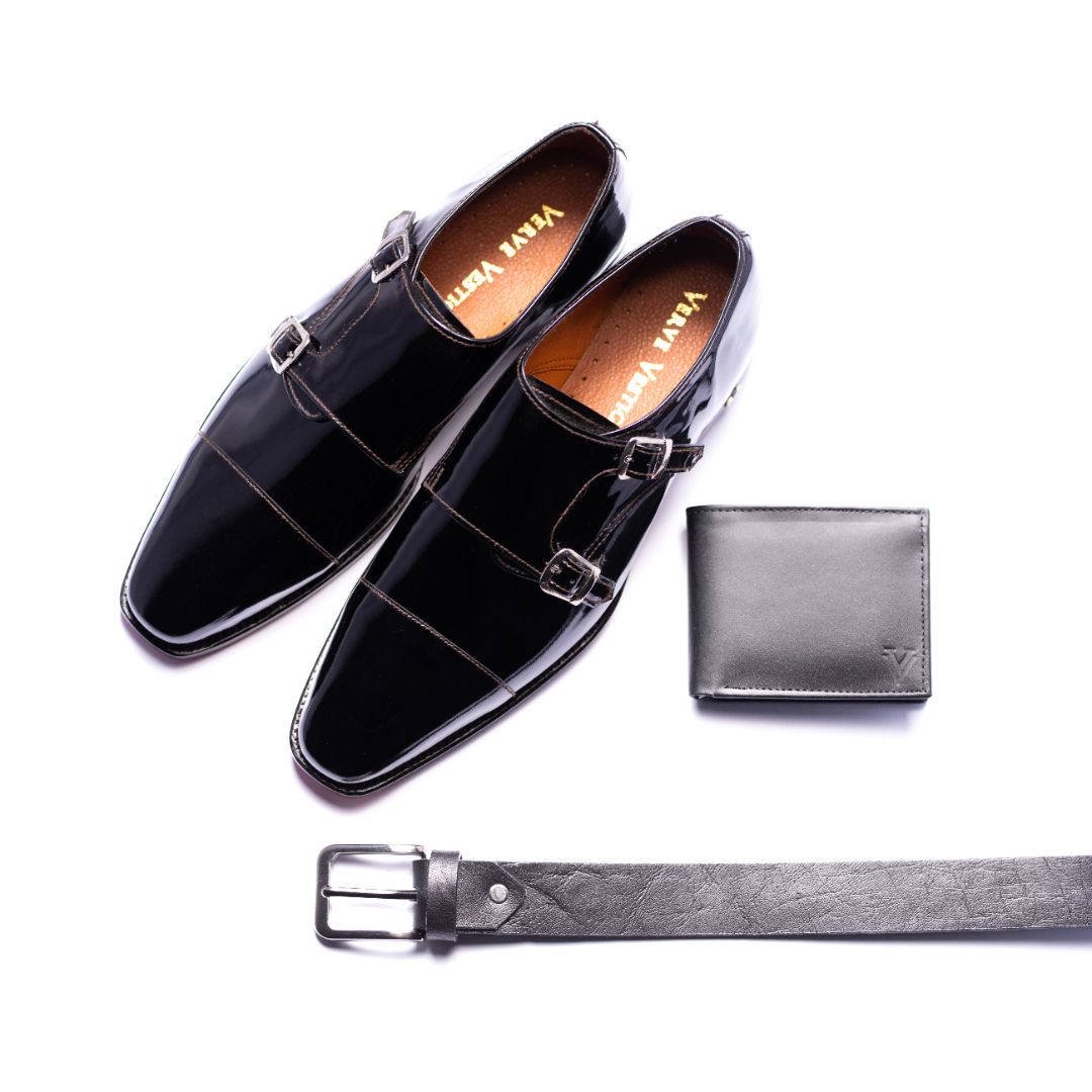 Special: Pack Of 3 Black Patent Leather Monk Shoes with Matching Belt and Wallet