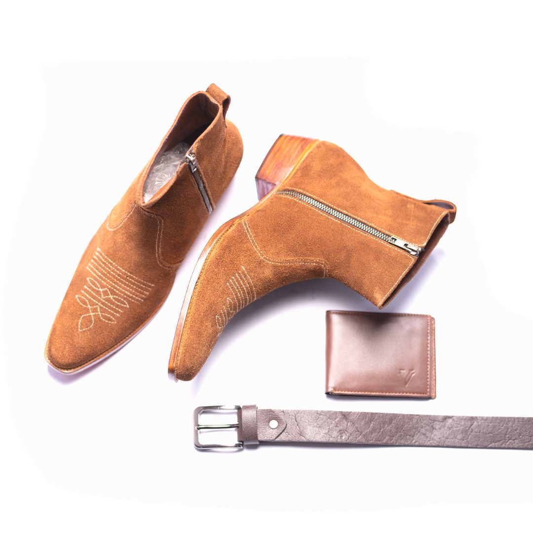 Special: Pack Of 3 Brown Suede Zipper Cowboy Boots with Matching Belt and Wallet