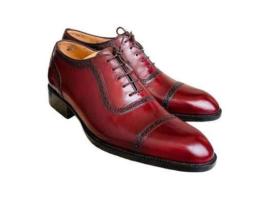 Handmade Burgundy Genuine Leather Cap Toe Lace Up Oxford Shoes for Men.