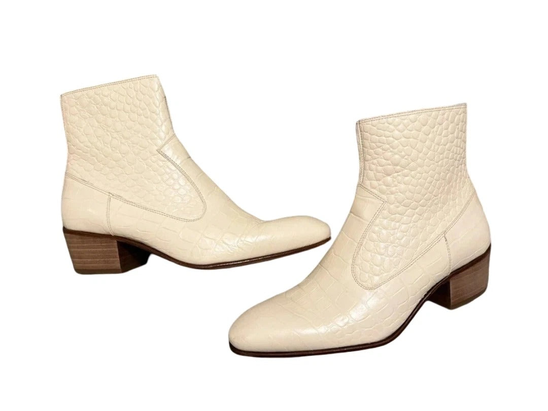 Handmade Cream Croc Text Genuine Leather Ankle Zipper Boots For Men.