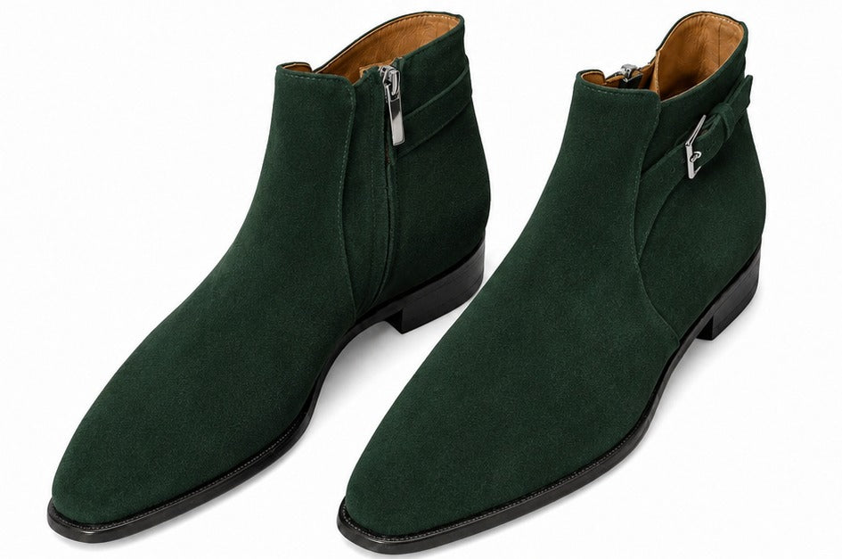 Customized Listing of Suede Bottle Green Zipper Boots with Matching Belt Size 36-38 for Callistus