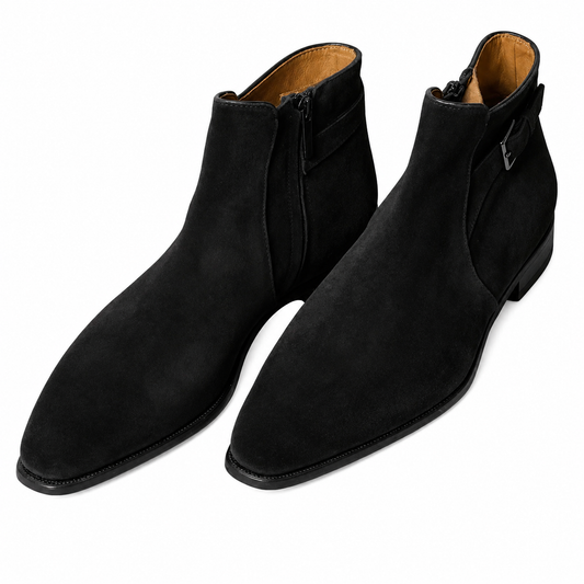 Customized Handmade Black Suede Zipper Ankle Boots For Callistus Amajoyi