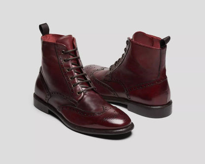 Handmade Real Leather Burgundy Formal Dress Lace Up Wingtip Ankle Boots For Men